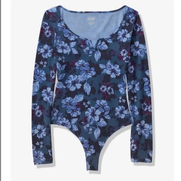 PINK Victoria Secret Blue Floral Bodysuit (L) - Picture 2 of 5